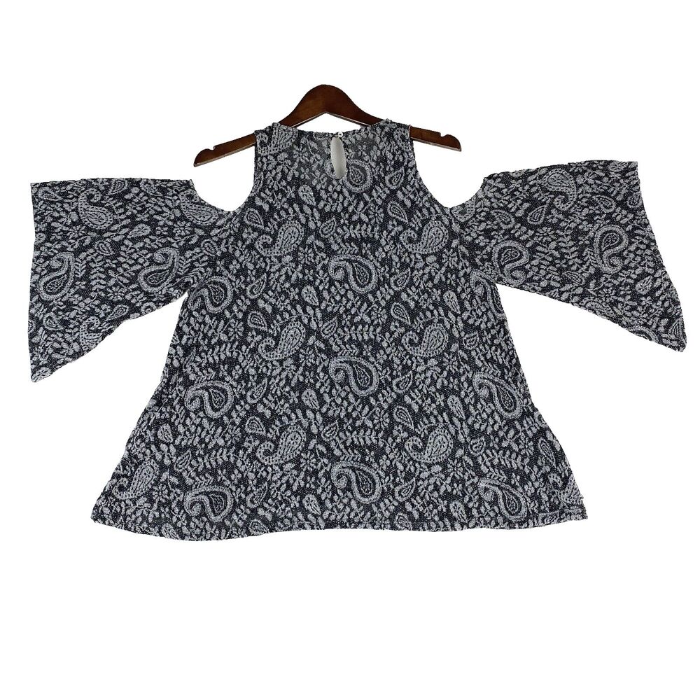 Lucky Brand Womens XL Black Gray Cold Shoulder Paisley Top Boho Flowy Romantic